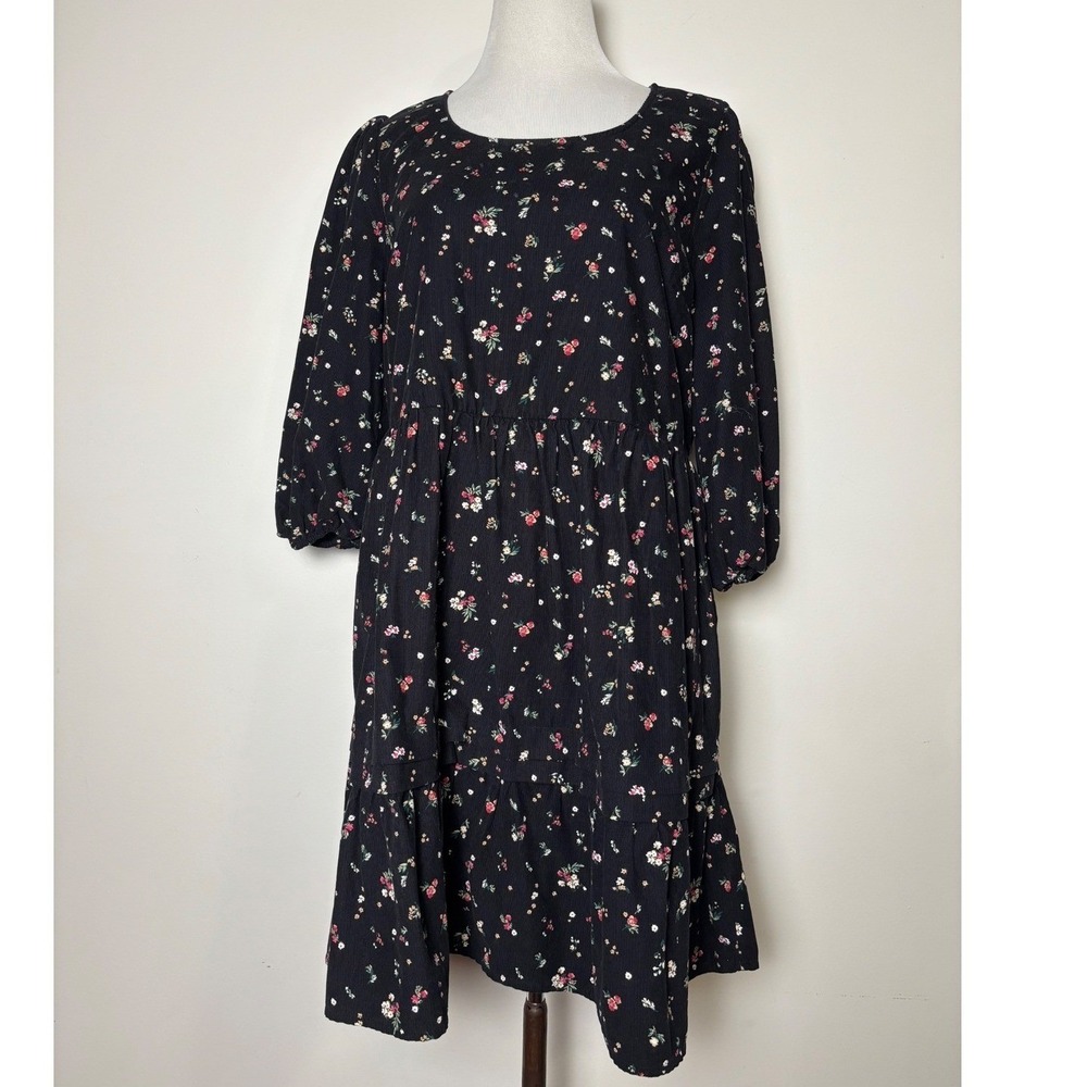 Corduroy Tiered Ruffle Mini Dress M Prairie Cottage Floral Boho Peasant Cotton
